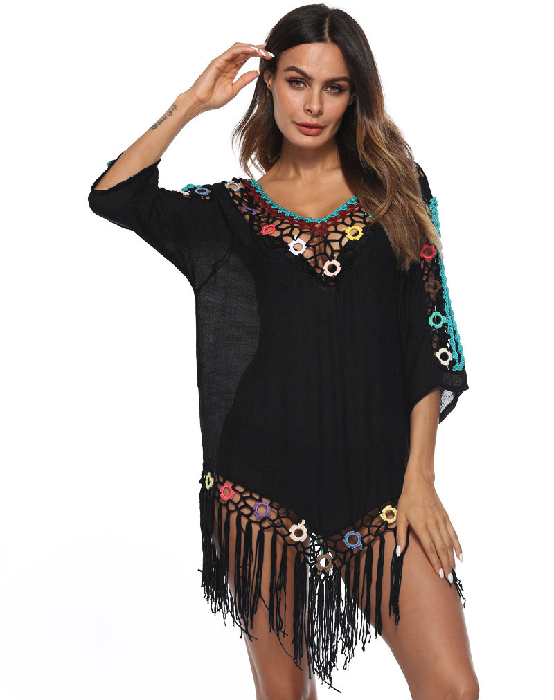 Womens Boho Beach Cover-Up With Tassel Hem - Sexy Crochet V-Neck Beach Dress